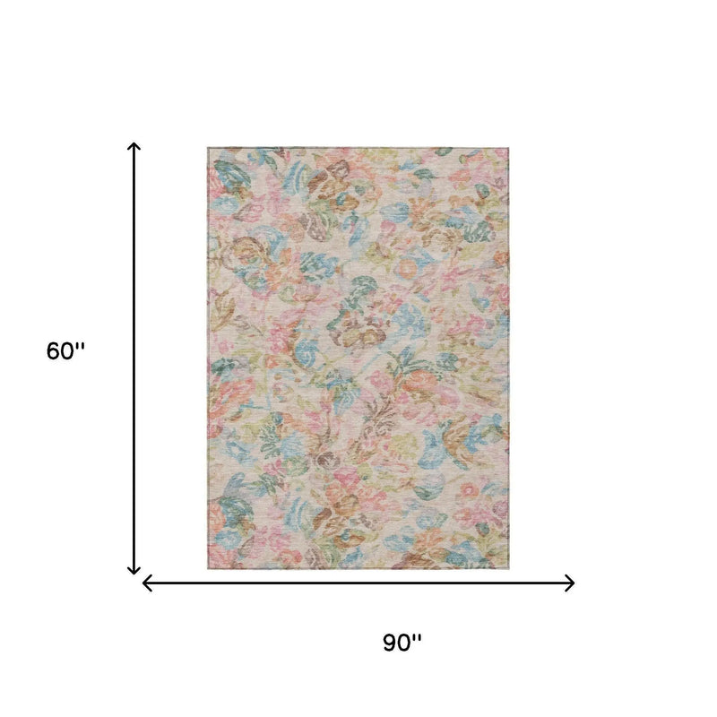 5' X 8' Pink And Tan Floral Washable Indoor Outdoor Area Rug Homeroots Outdoor