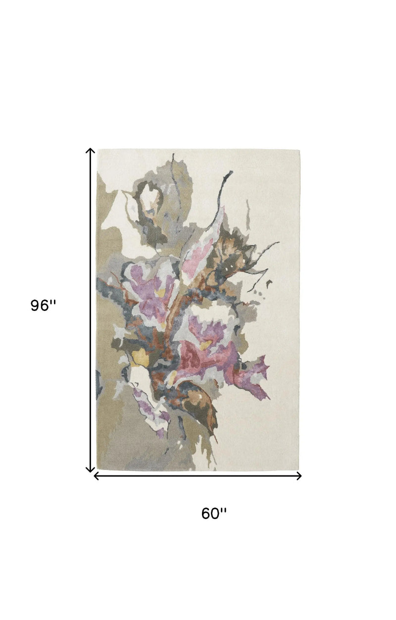 Floral area rug, 96x60 inches, featuring bold pink and purple blooms on a soft beige background. Perfect for modern decor.