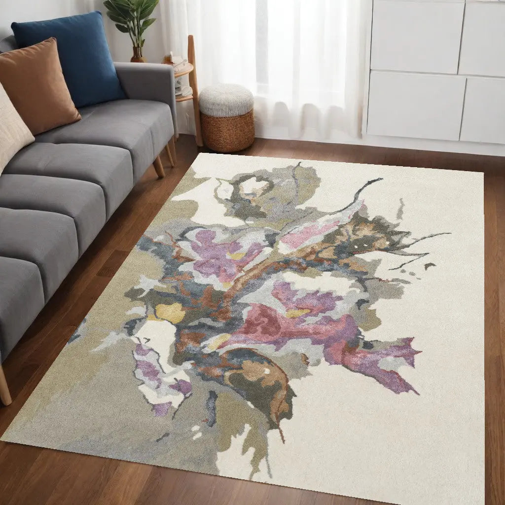 Floral area rug with multicolor design on a light beige background, made of soft, durable materials.