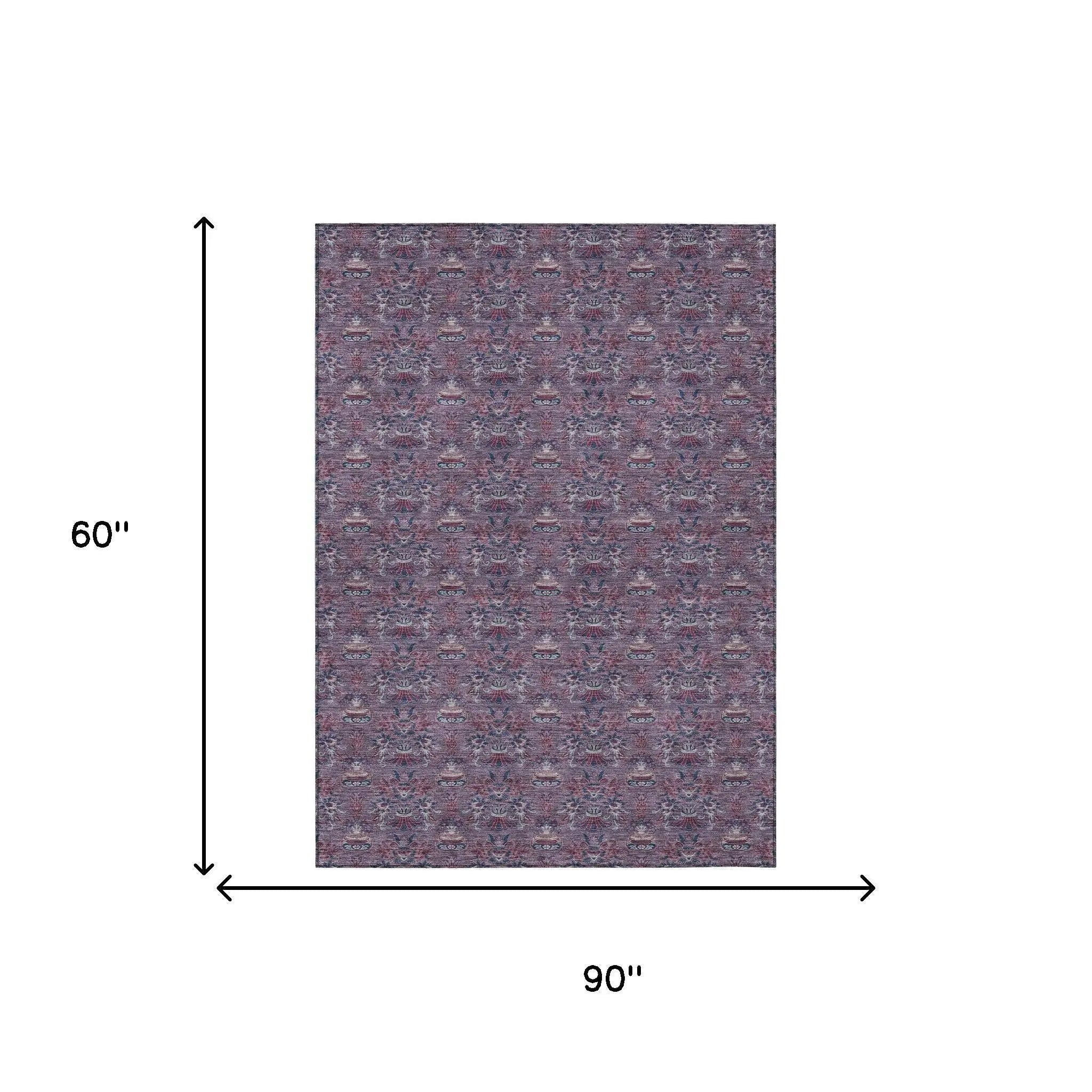 5' X 8' Plum And Gray Floral Washable Indoor Outdoor Area Rug Homeroots Outdoor
