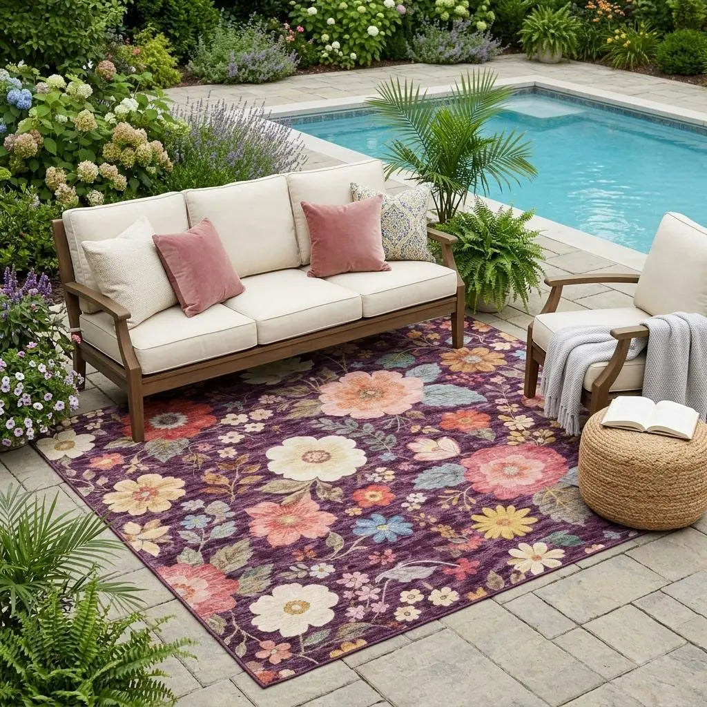 5' X 8' Plum And Purple Floral Washable Indoor Outdoor Area Rug Homeroots Outdoor