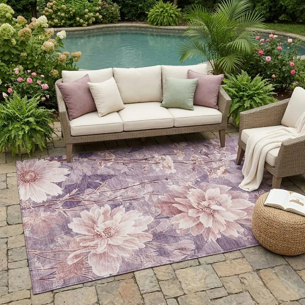 5' X 8' Plum And Purple Floral Washable Indoor Outdoor Area Rug Homeroots Outdoor