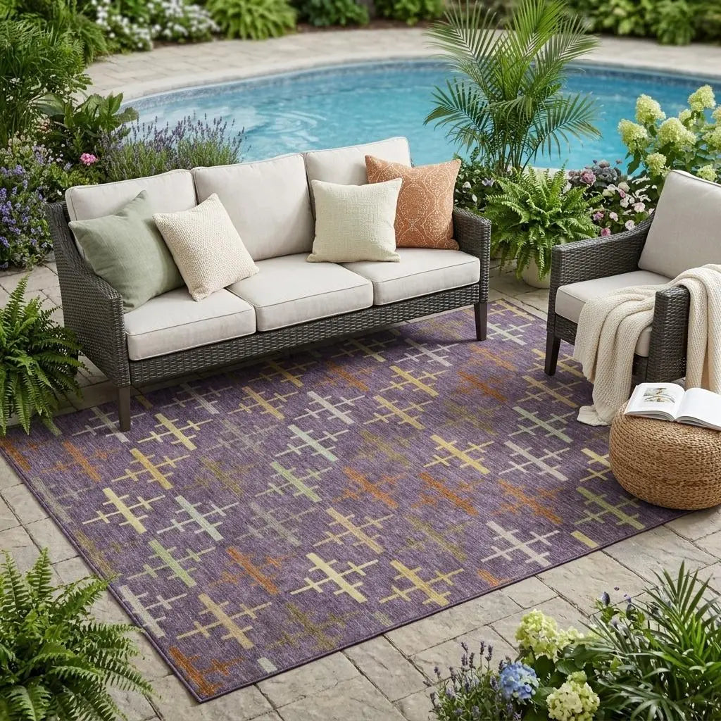 5' X 8' Plum And Purple Geometric Washable Indoor Outdoor Area Rug Homeroots Outdoor