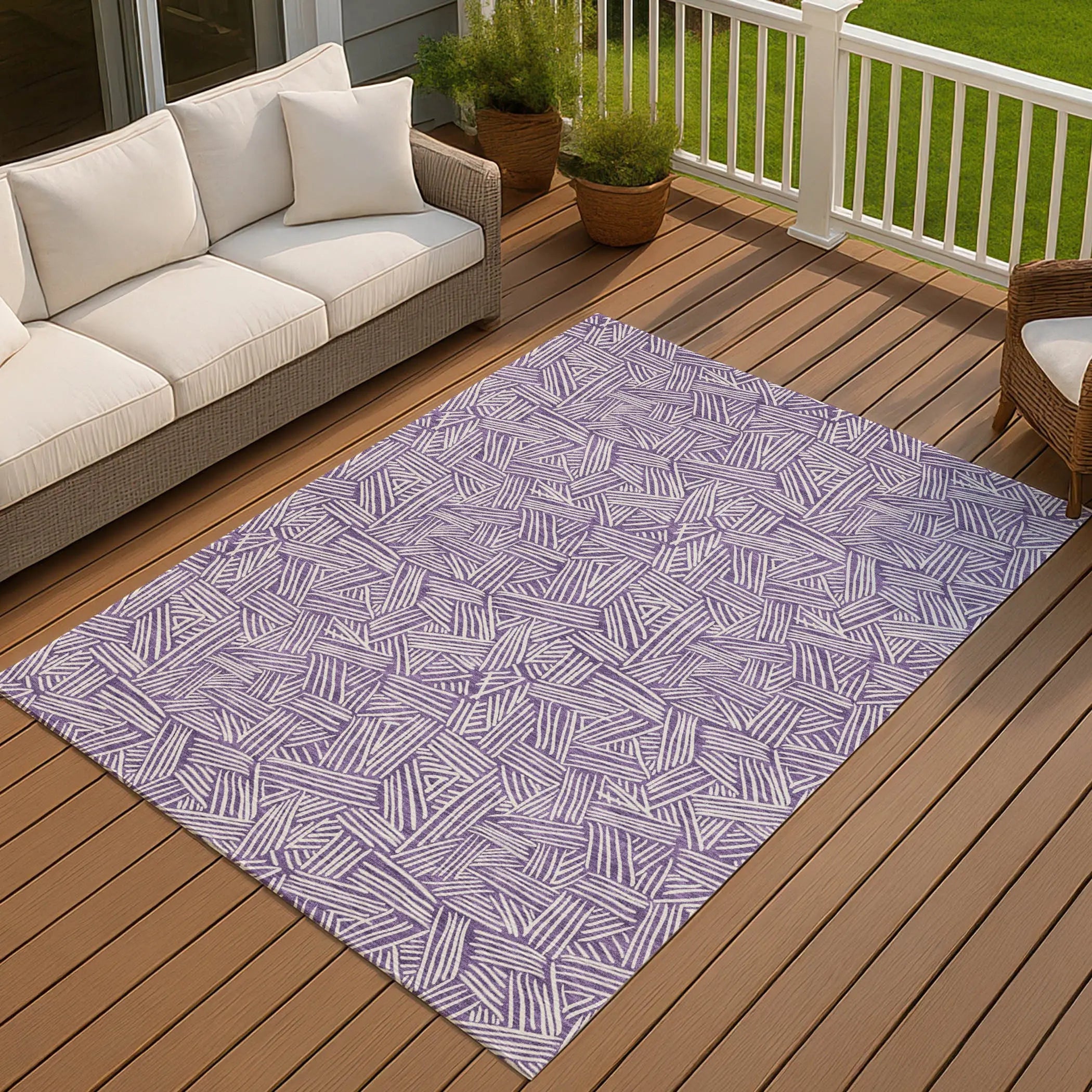 5' X 8' Purple And Beige Geometric Washable Indoor Outdoor Area Rug Homeroots Outdoor
