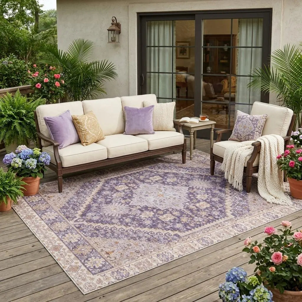 5' X 8' Purple And Blush Oriental Washable Indoor Outdoor Area Rug Homeroots Outdoor