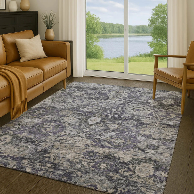 5' X 8' Purple And Gray Floral Washable Indoor Outdoor Area Rug Homeroots Outdoor