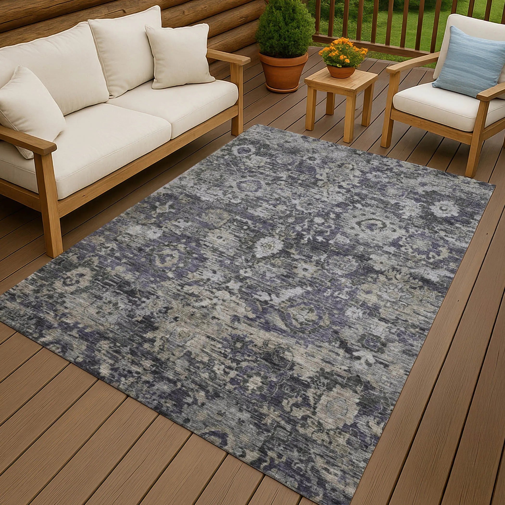 5' X 8' Purple And Gray Floral Washable Indoor Outdoor Area Rug Homeroots Outdoor