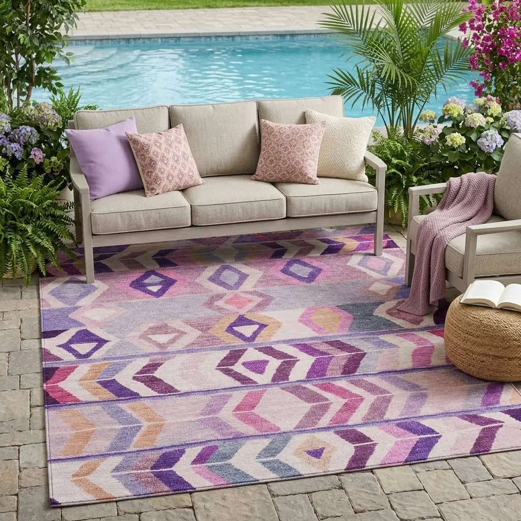 5' X 8' Purple And Lavender Tribal Washable Indoor Outdoor Area Rug Homeroots Outdoor