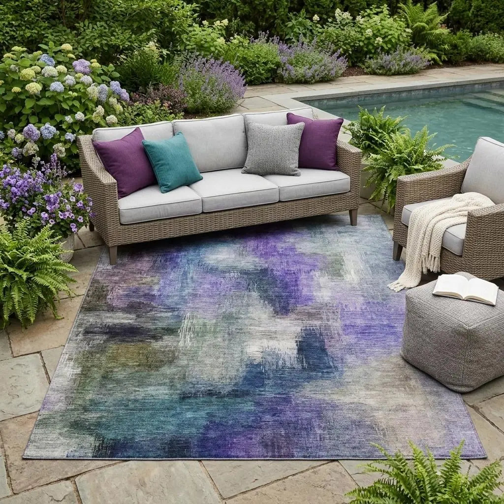 5' X 8' Purple And Pewter Abstract Washable Indoor Outdoor Area Rug Homeroots Outdoor
