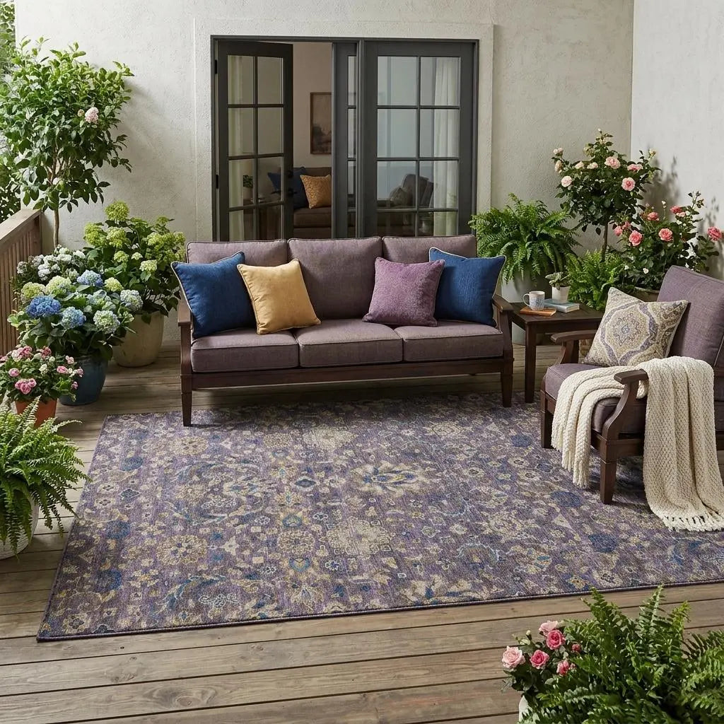 5' X 8' Purple And Plum Floral Medallion Washable Indoor Outdoor Area Rug Homeroots Outdoor