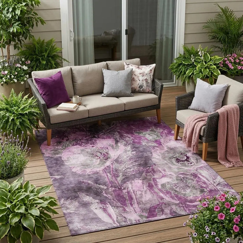 5' X 8' Purple And Plum Floral Washable Indoor Outdoor Area Rug Homeroots Outdoor