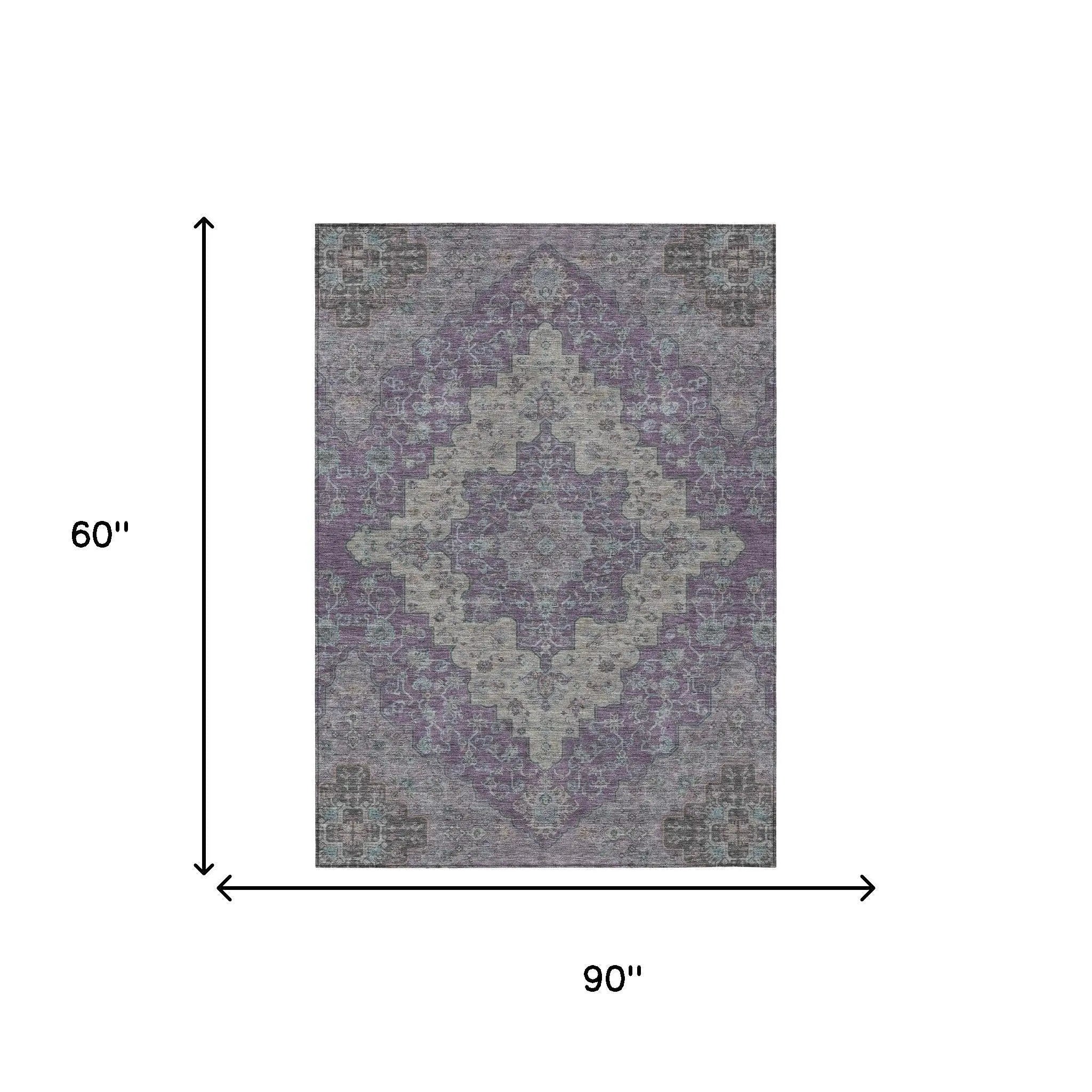5' X 8' Purple And Plum Medallion Washable Indoor Outdoor Area Rug Homeroots Outdoor