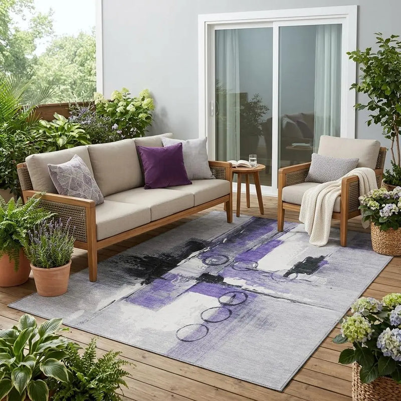 5' X 8' Purple And Silver Abstract Washable Indoor Outdoor Area Rug Homeroots Outdoor
