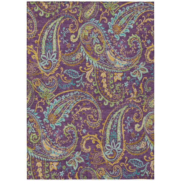 5' X 8' Purple Turquoise and Gold Paisley Washable Non Skid Indoor Outdoor Area Rug - GreatEagleInc