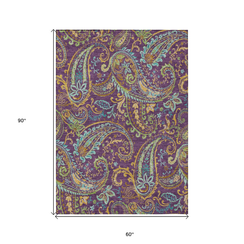 5' X 8' Purple Turquoise and Gold Paisley Washable Non Skid Indoor Outdoor Area Rug - GreatEagleInc