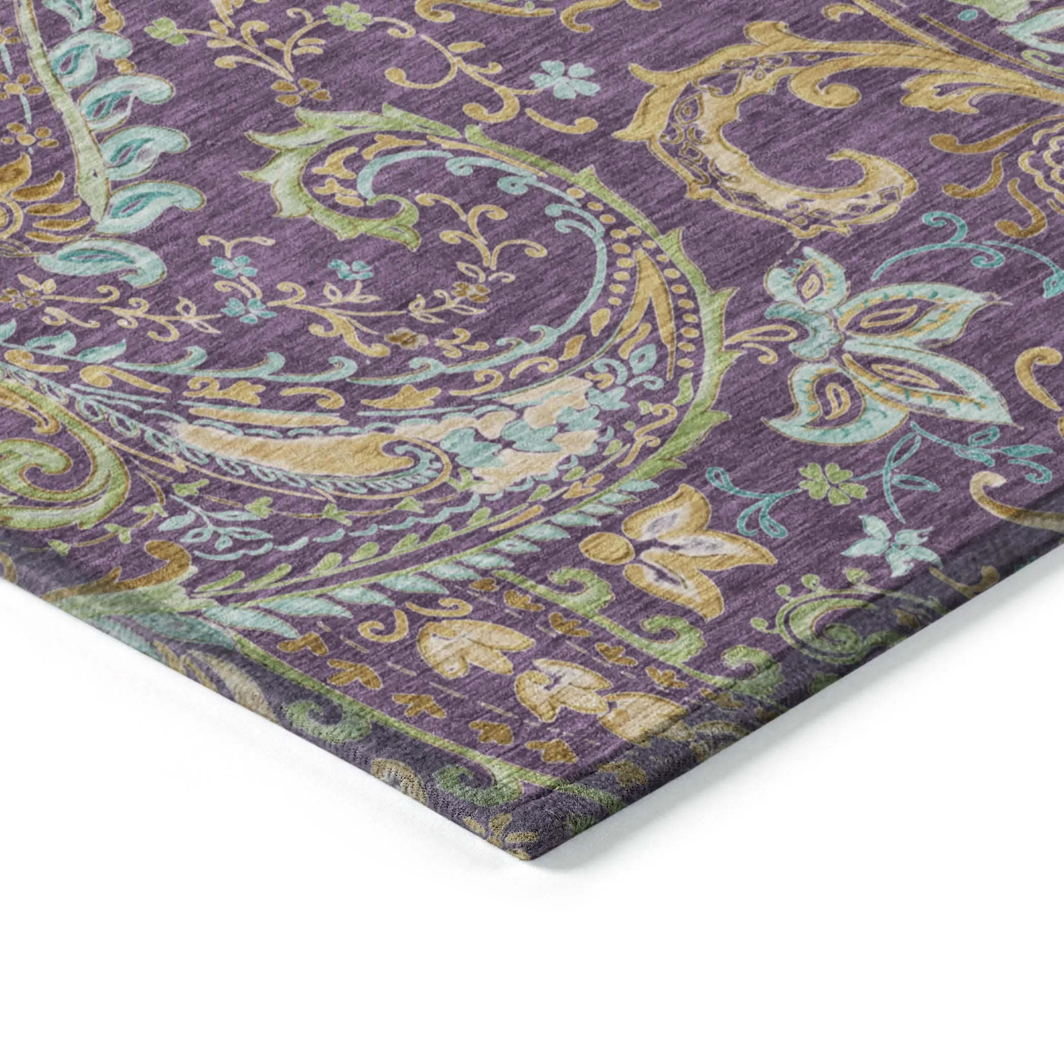 5' X 8' Purple Turquoise and Gold Paisley Washable Non Skid Indoor Outdoor Area Rug - GreatEagleInc