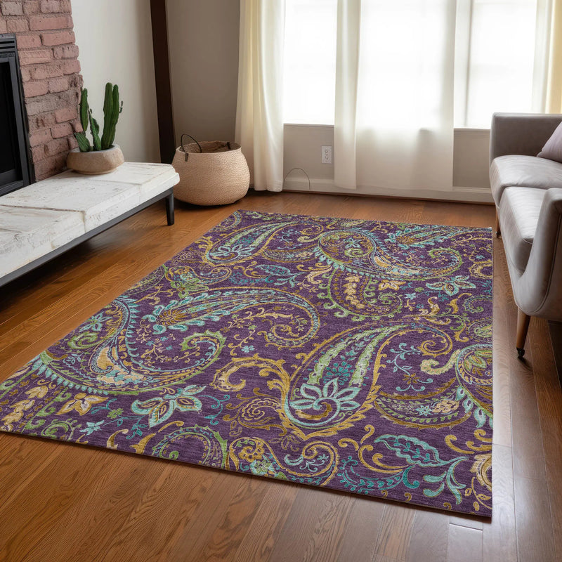 5' X 8' Purple Turquoise and Gold Paisley Washable Non Skid Indoor Outdoor Area Rug - GreatEagleInc