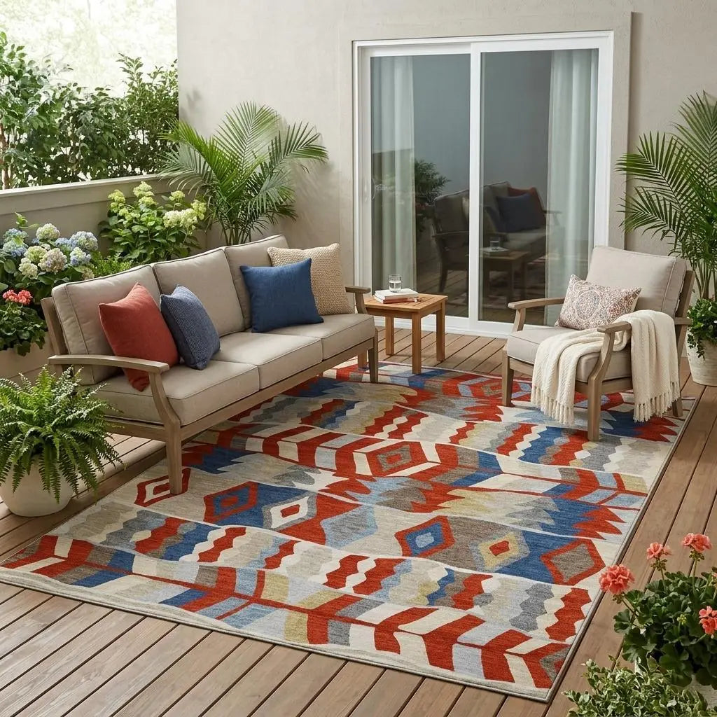 5' X 8' Red And Beige Geometric Washable Indoor Outdoor Area Rug Homeroots Outdoor