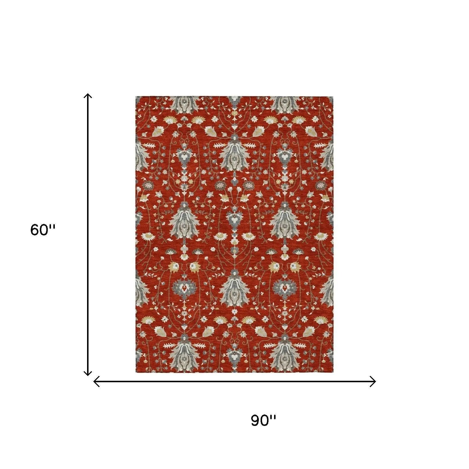 Red floral area rug, 90x60 inches, featuring intricate cream and blue patterns for a chic bohemian touch.