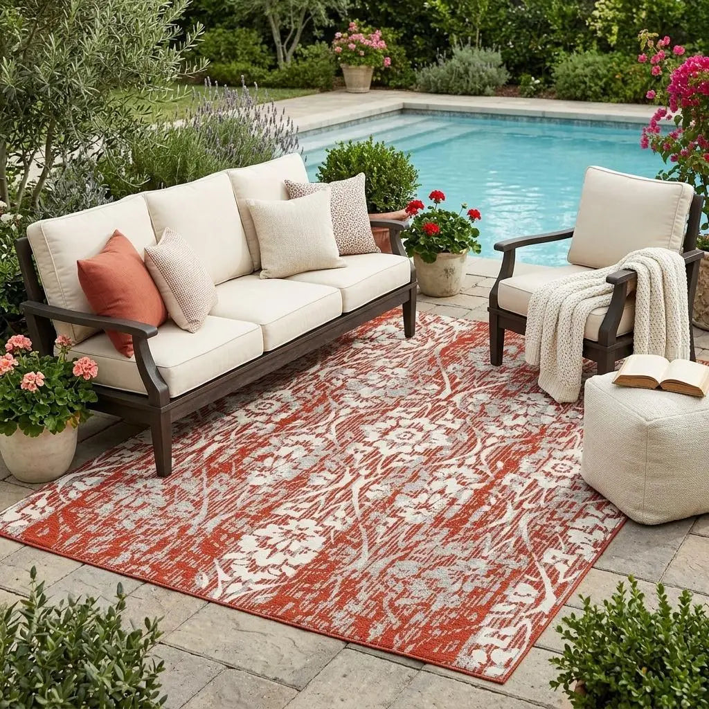 5' X 8' Red And Burgundy Damask Washable Indoor Outdoor Area Rug Homeroots Outdoor