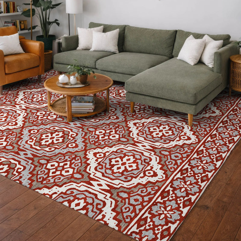 5' X 8' Red And Denim Blue Tribal Washable Indoor Outdoor Area Rug Homeroots Outdoor