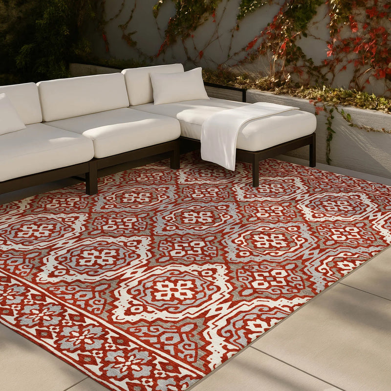 5' X 8' Red And Denim Blue Tribal Washable Indoor Outdoor Area Rug Homeroots Outdoor