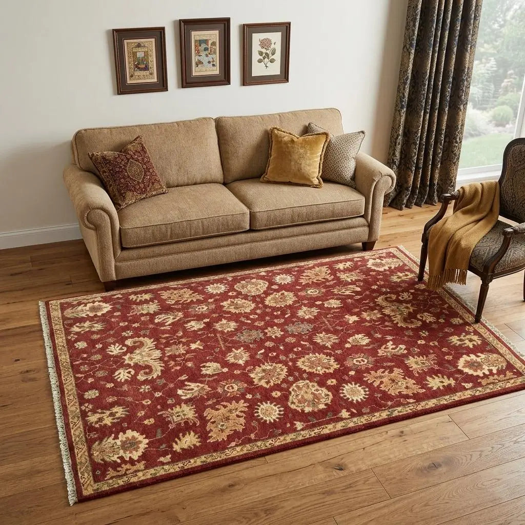 5' X 8' Red And Gold Wool Floral Hand Knotted Area Rug With Fringe Homeroots Home Decor