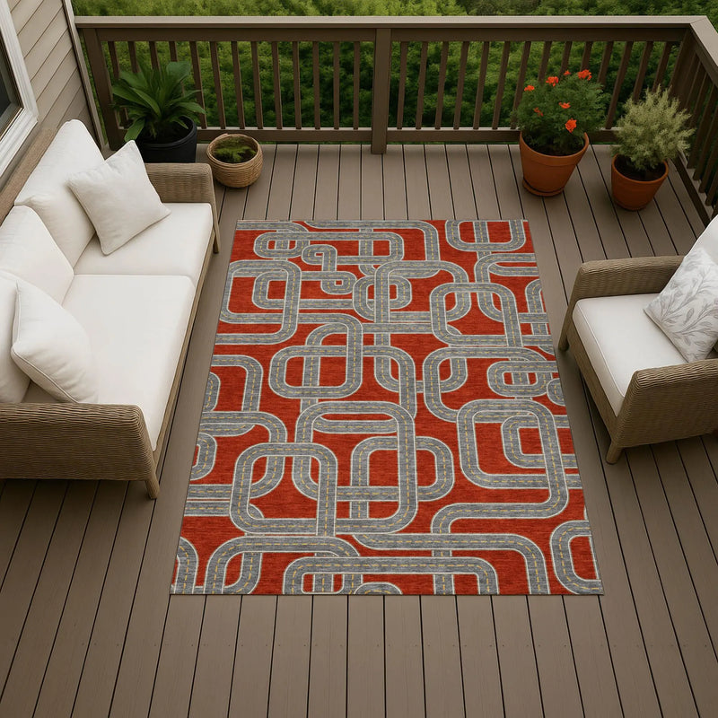 5' X 8' Red And Gray Geometric Washable Indoor Outdoor Area Rug Homeroots Outdoor