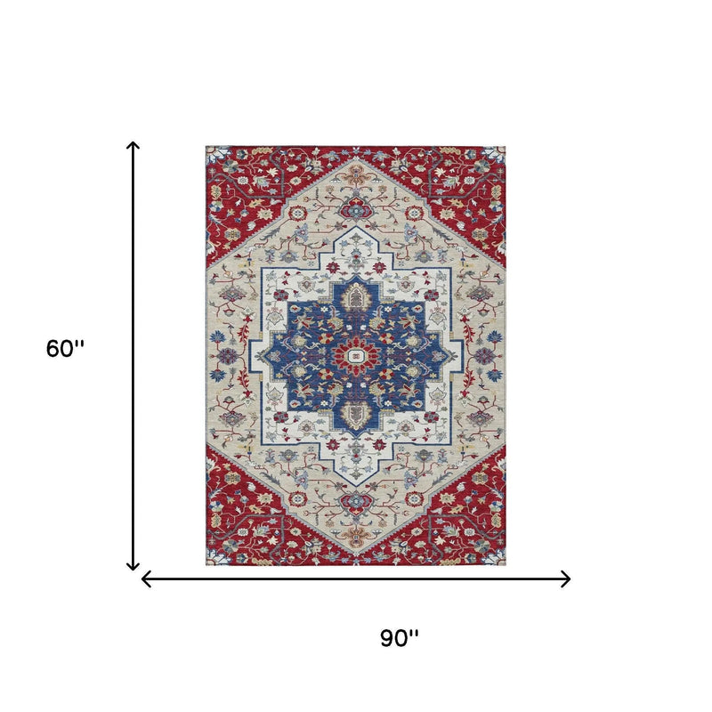 5' X 8' Red And Ivory Floral Medallion Washable Indoor Outdoor Area Rug Homeroots Outdoor