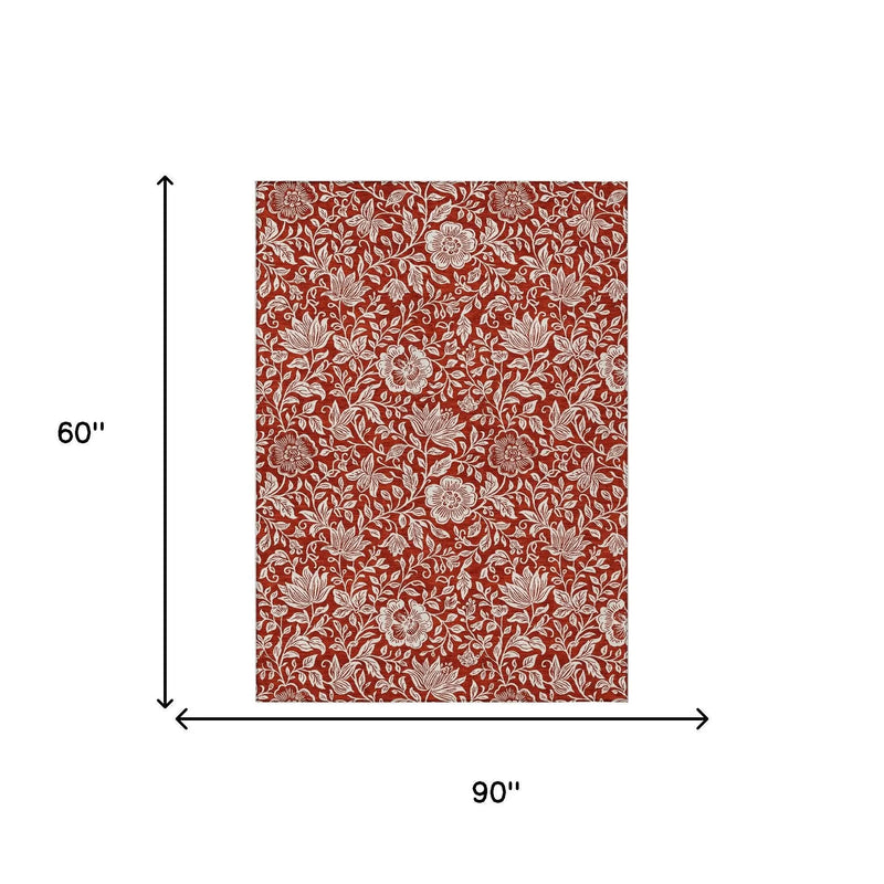 5' X 8' Red And Ivory Floral Washable Indoor Outdoor Area Rug Homeroots Outdoor