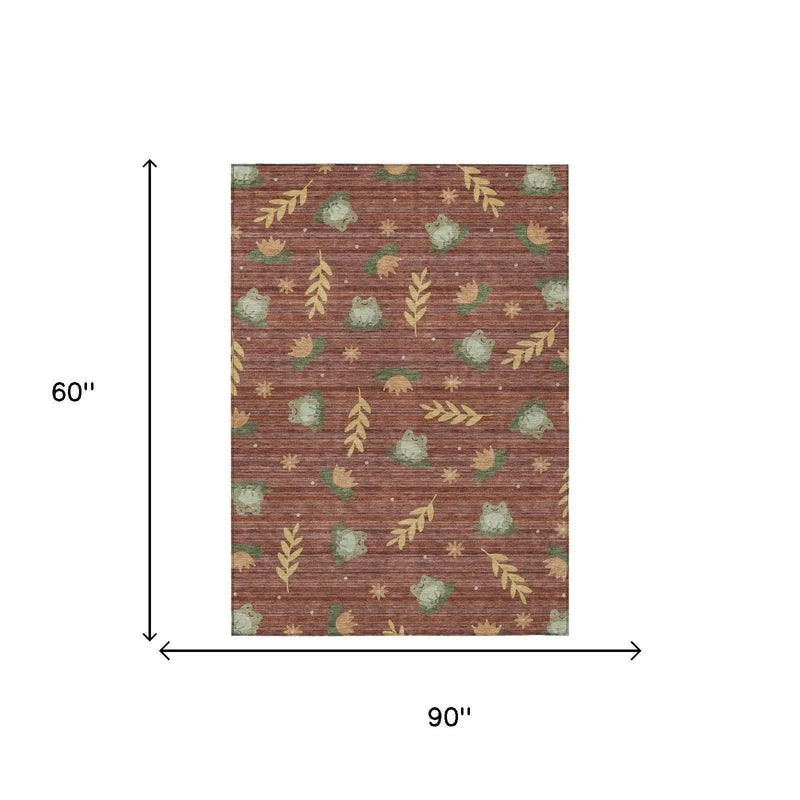 5' X 8' Red And Merlot Botanical Leaves Washable Indoor Outdoor Area Rug Homeroots Outdoor