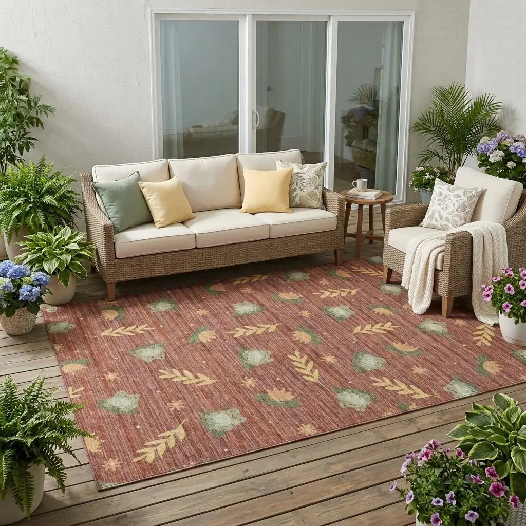 5' X 8' Red And Merlot Botanical Leaves Washable Indoor Outdoor Area Rug Homeroots Outdoor