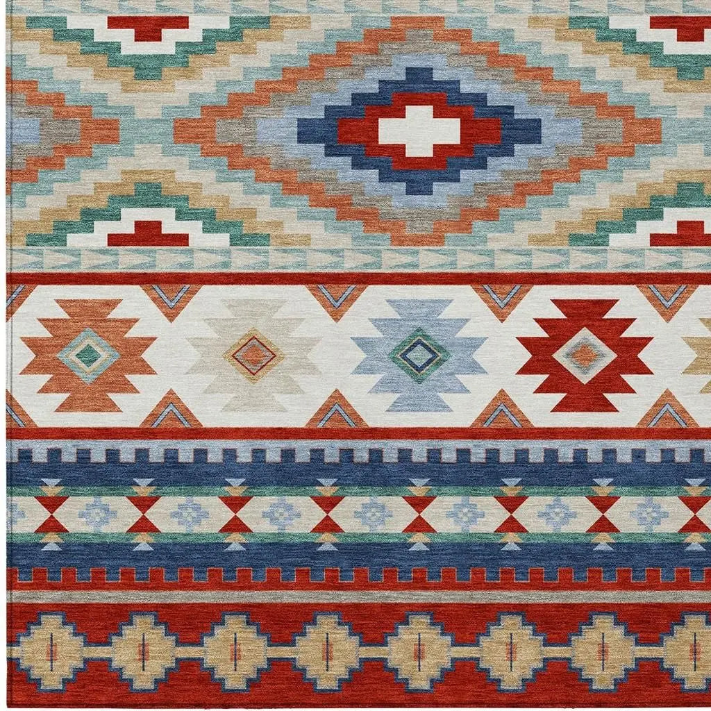 5' X 8' Red And Navy Blue Southwestern Washable Indoor Outdoor Area Rug Homeroots Outdoor