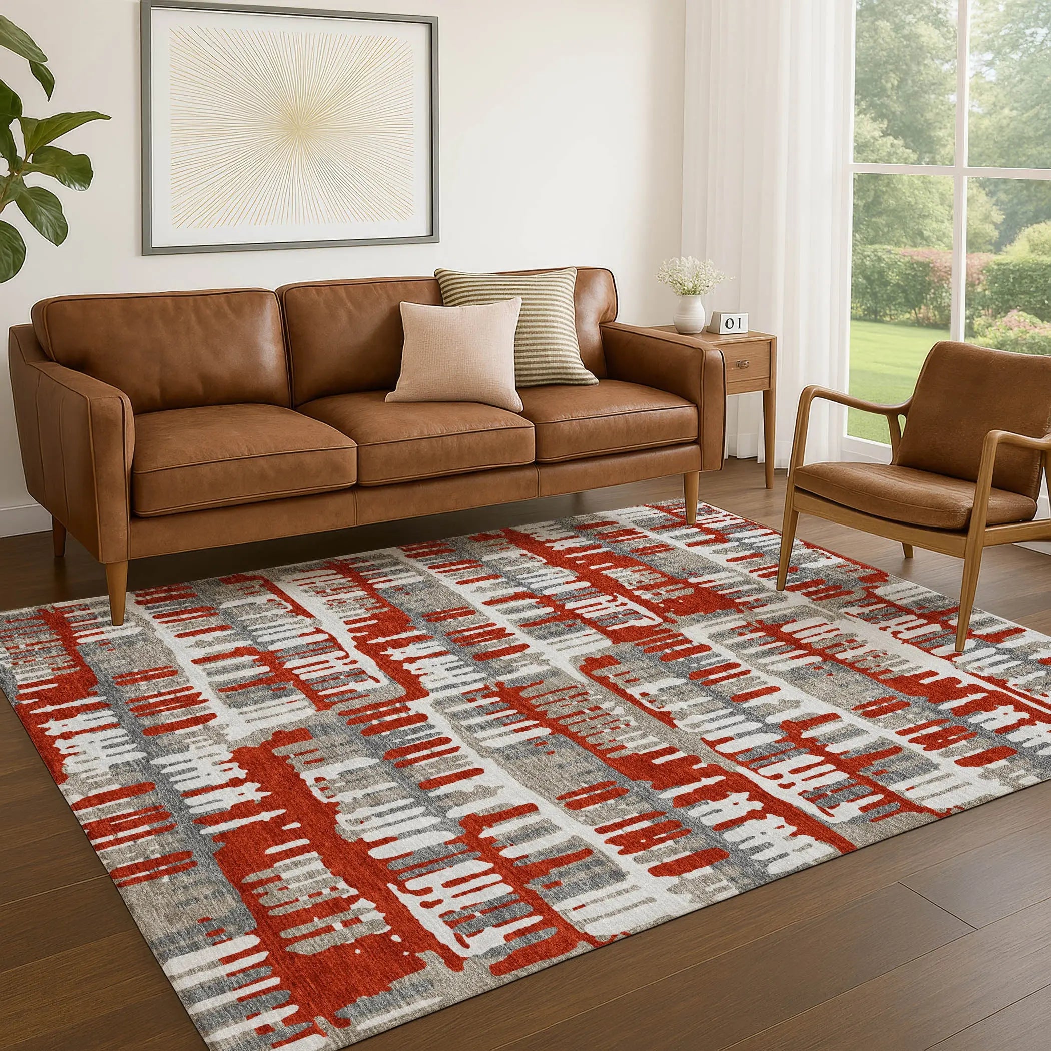 5' X 8' Red And Orange Abstract Washable Indoor Outdoor Area Rug Homeroots Outdoor
