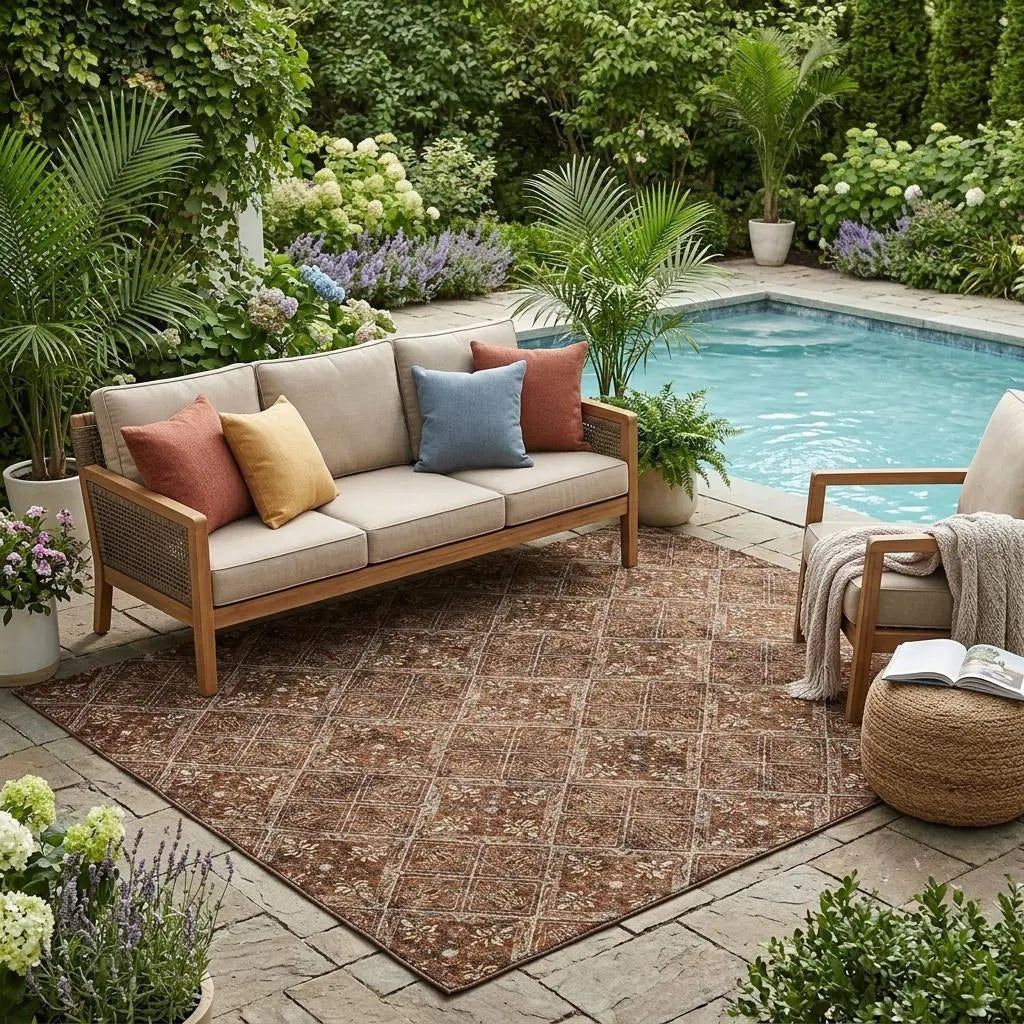 5' X 8' Red And Rust Geometric Washable Indoor Outdoor Area Rug Homeroots Outdoor