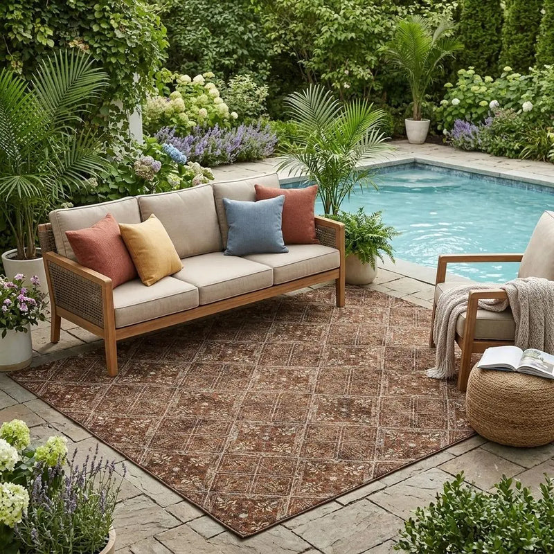 5' X 8' Red And Rust Geometric Washable Indoor Outdoor Area Rug Homeroots Outdoor