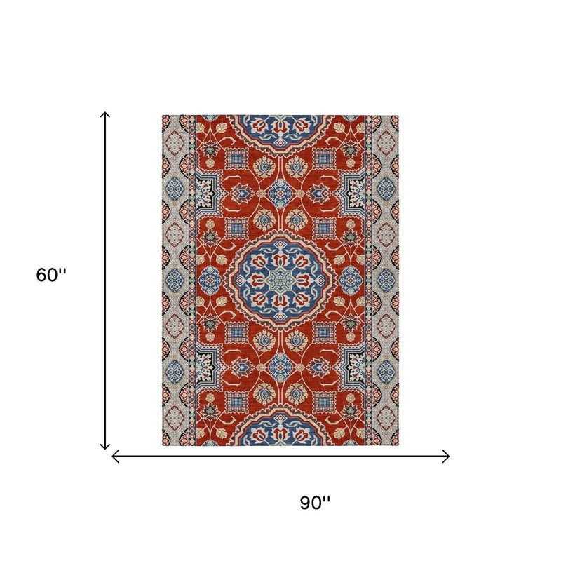 5' X 8' Red And Silver Floral Medallion Washable Indoor Outdoor Area Rug Homeroots Outdoor