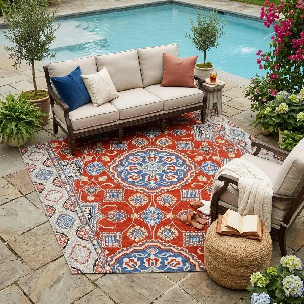 5' X 8' Red And Silver Floral Medallion Washable Indoor Outdoor Area Rug Homeroots Outdoor