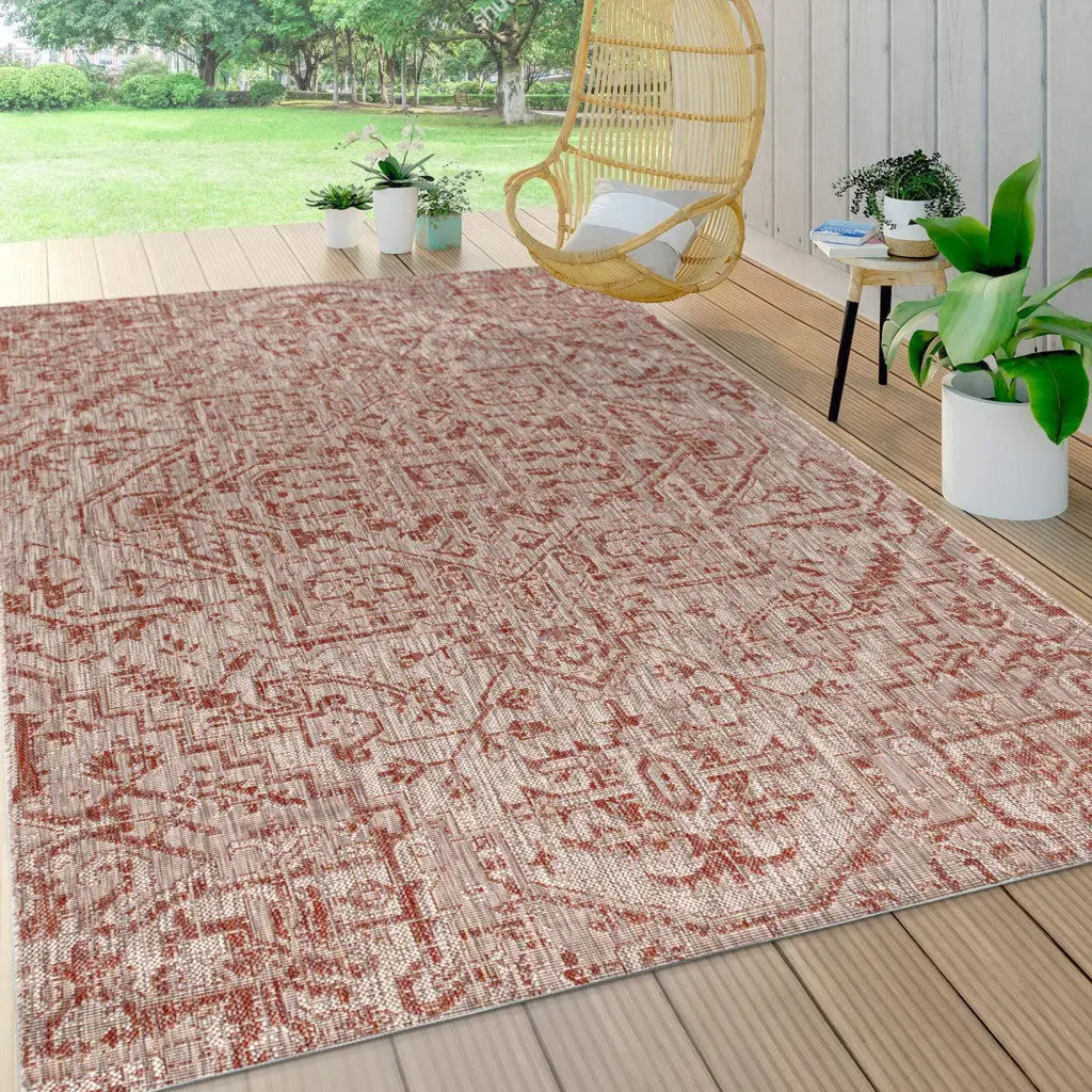 5' X 8' Red And Taupe Medallion Indoor Outdoor Area Rug Homeroots Outdoor