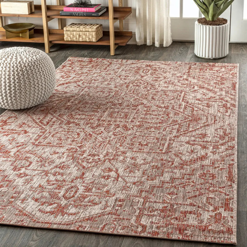 5' X 8' Red And Taupe Medallion Indoor Outdoor Area Rug Homeroots Outdoor