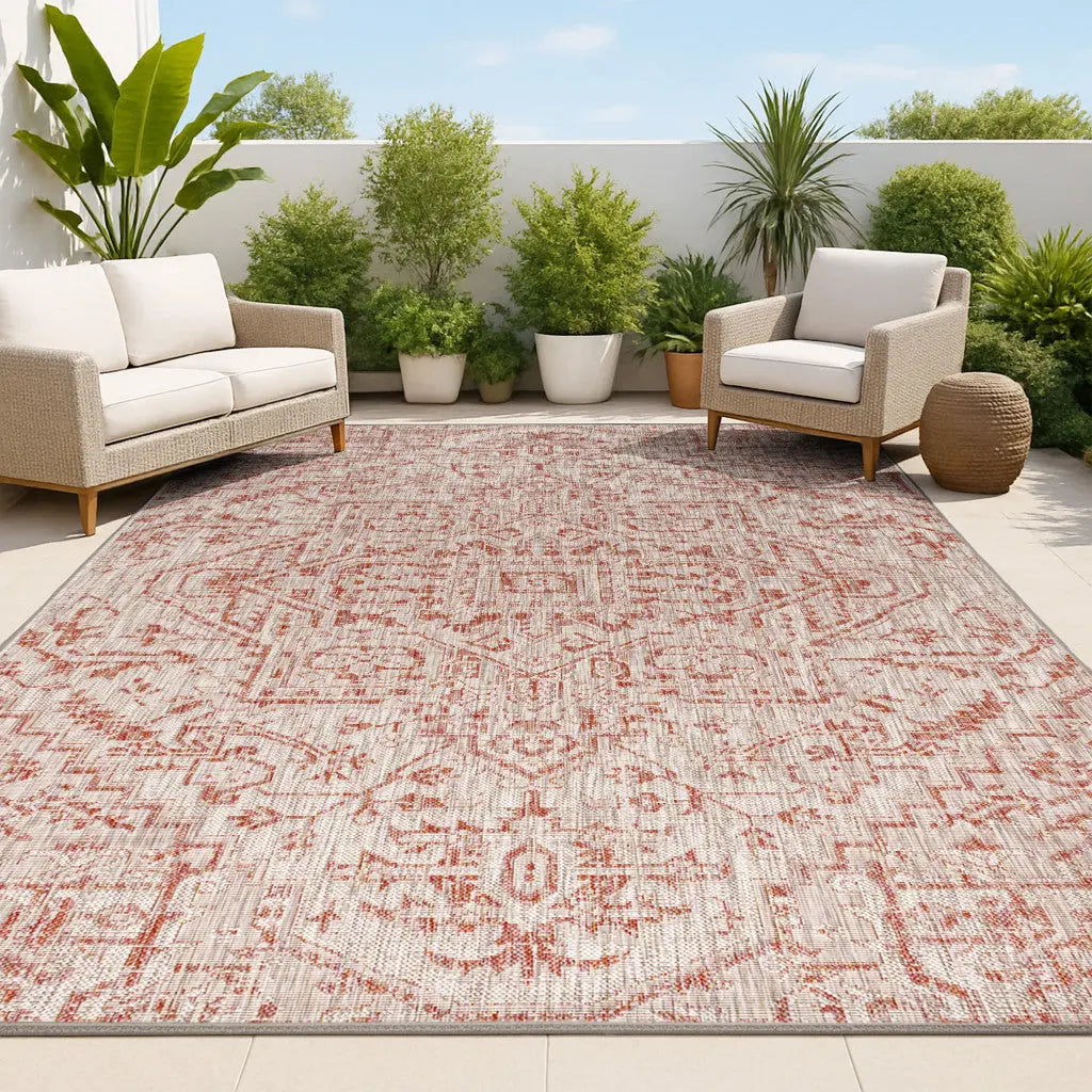 5' X 8' Red And Taupe Medallion Indoor Outdoor Area Rug Homeroots Outdoor