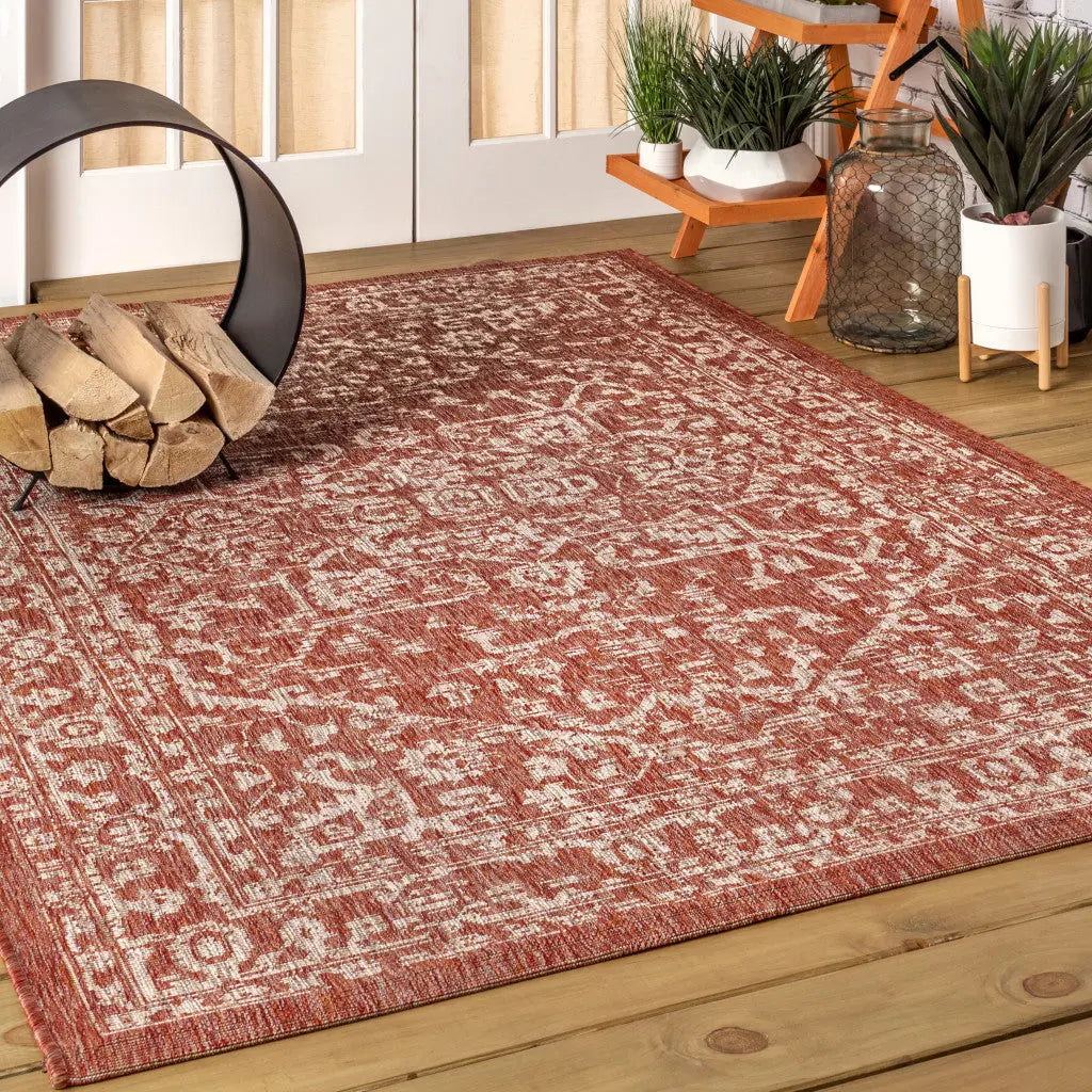 5' X 8' Red And Taupe Medallion Indoor Outdoor Area Rug Homeroots Outdoor