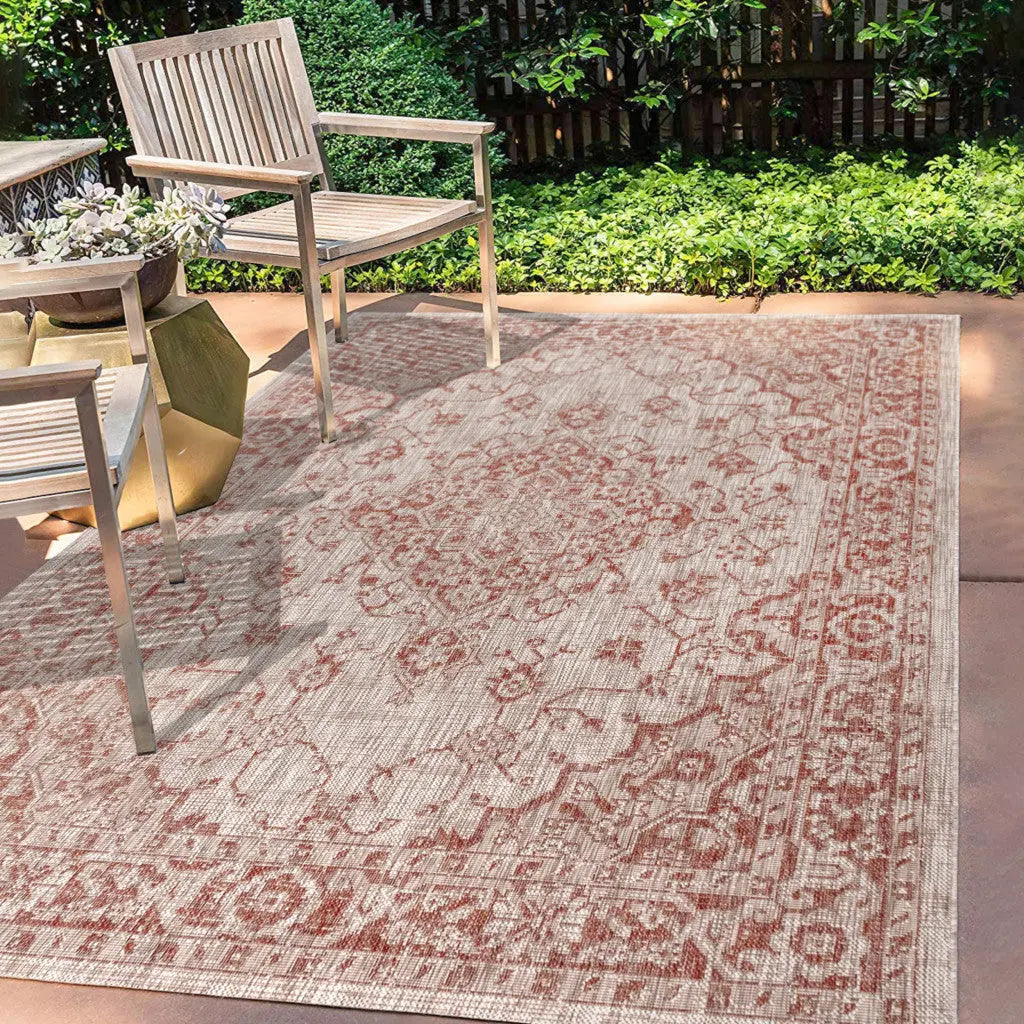 5' X 8' Red And Taupe Medallion Indoor Outdoor Area Rug Homeroots Outdoor