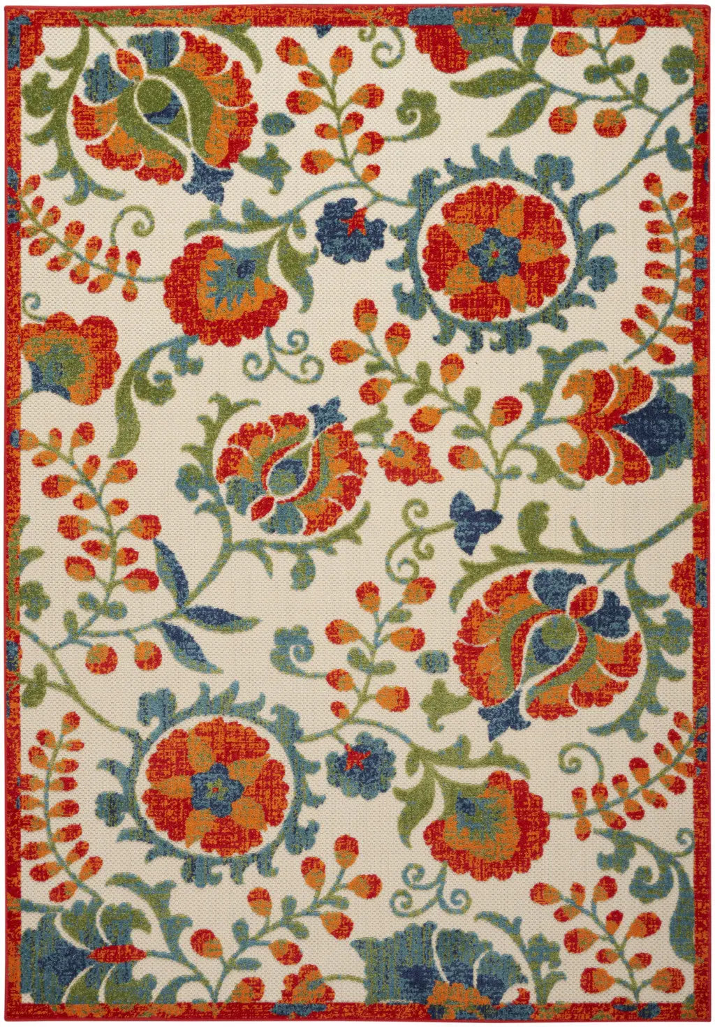 5' X 8' Red Gold Green And Teal Blue Floral Indoor Outdoor Area Rug Homeroots Outdoor