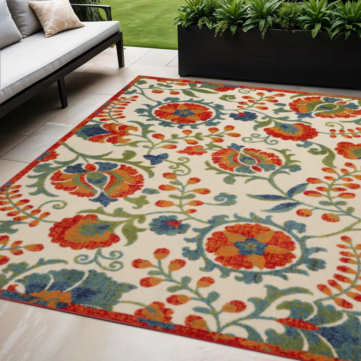 5' X 8' Red Gold Green And Teal Blue Floral Indoor Outdoor Area Rug Homeroots Outdoor