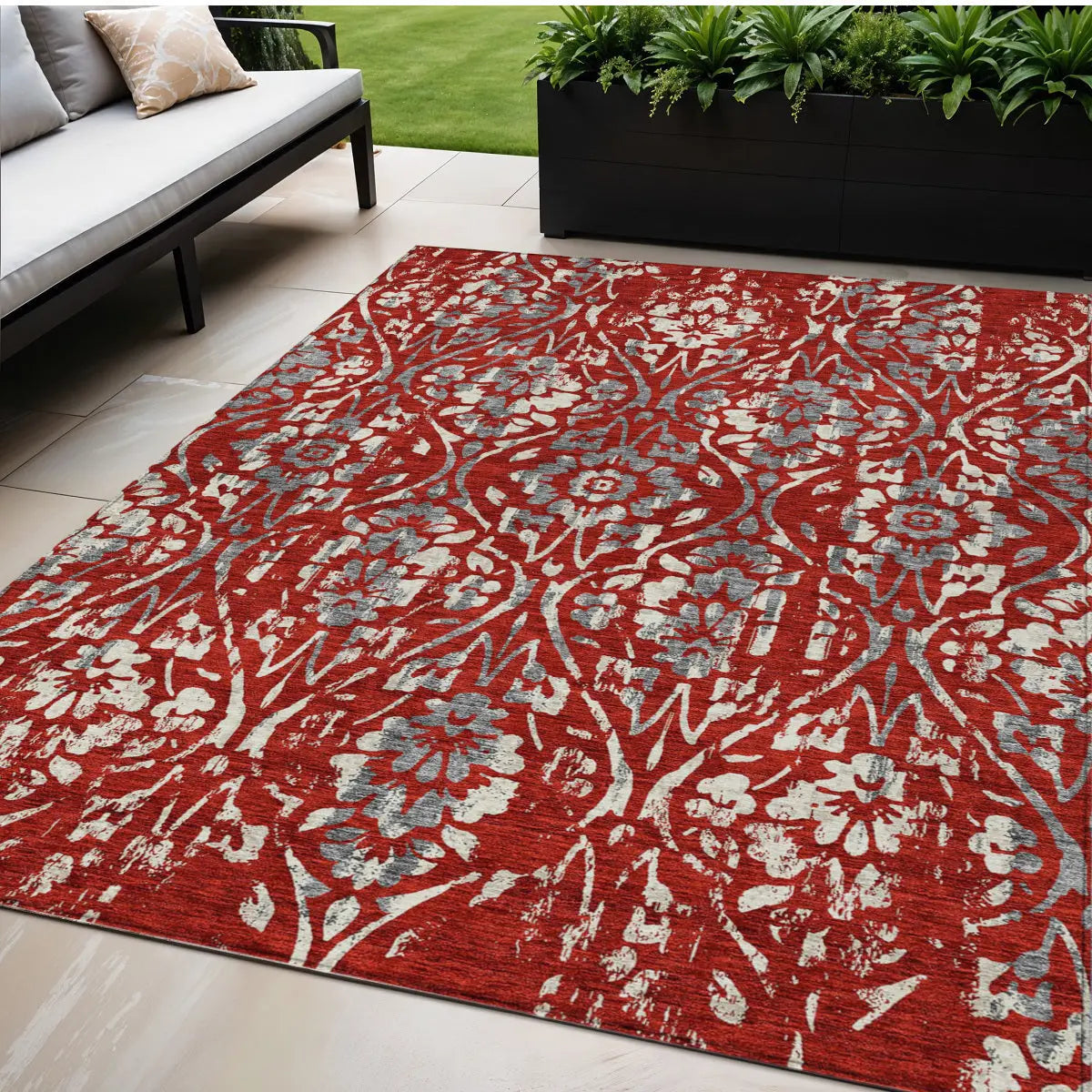 5' X 8' Red Ivory And Dark Gray Floral Washable Indoor Outdoor Area Rug Homeroots Outdoor