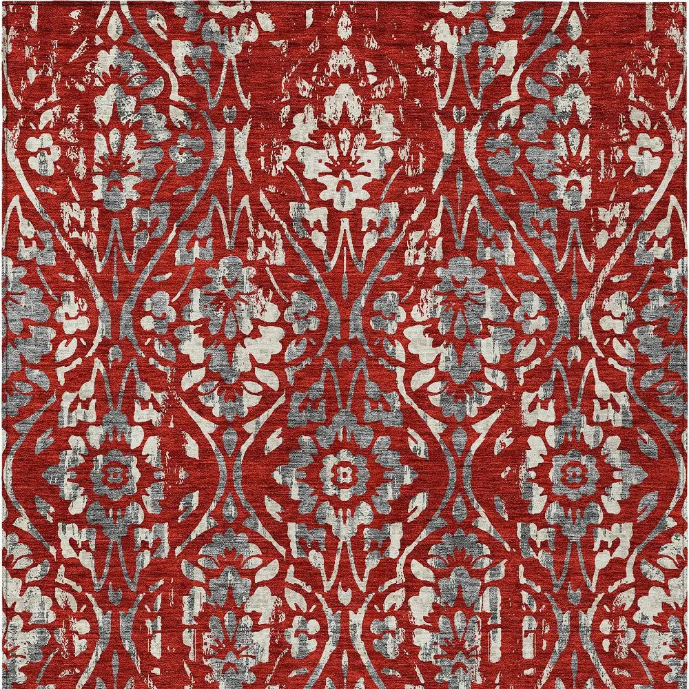 5' X 8' Red Ivory And Dark Gray Floral Washable Indoor Outdoor Area Rug Homeroots Outdoor