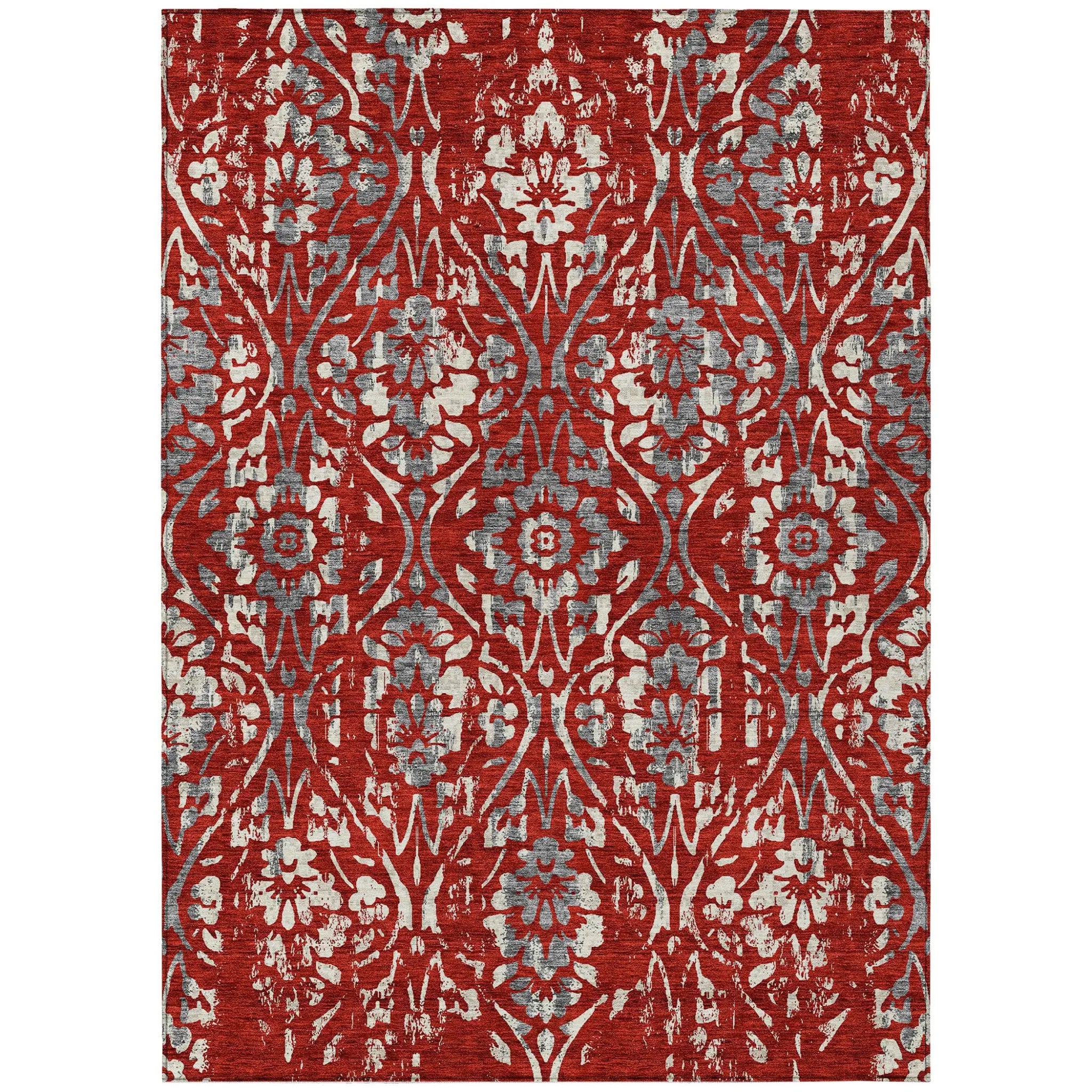 5' X 8' Red Ivory And Dark Gray Floral Washable Indoor Outdoor Area Rug Homeroots Outdoor