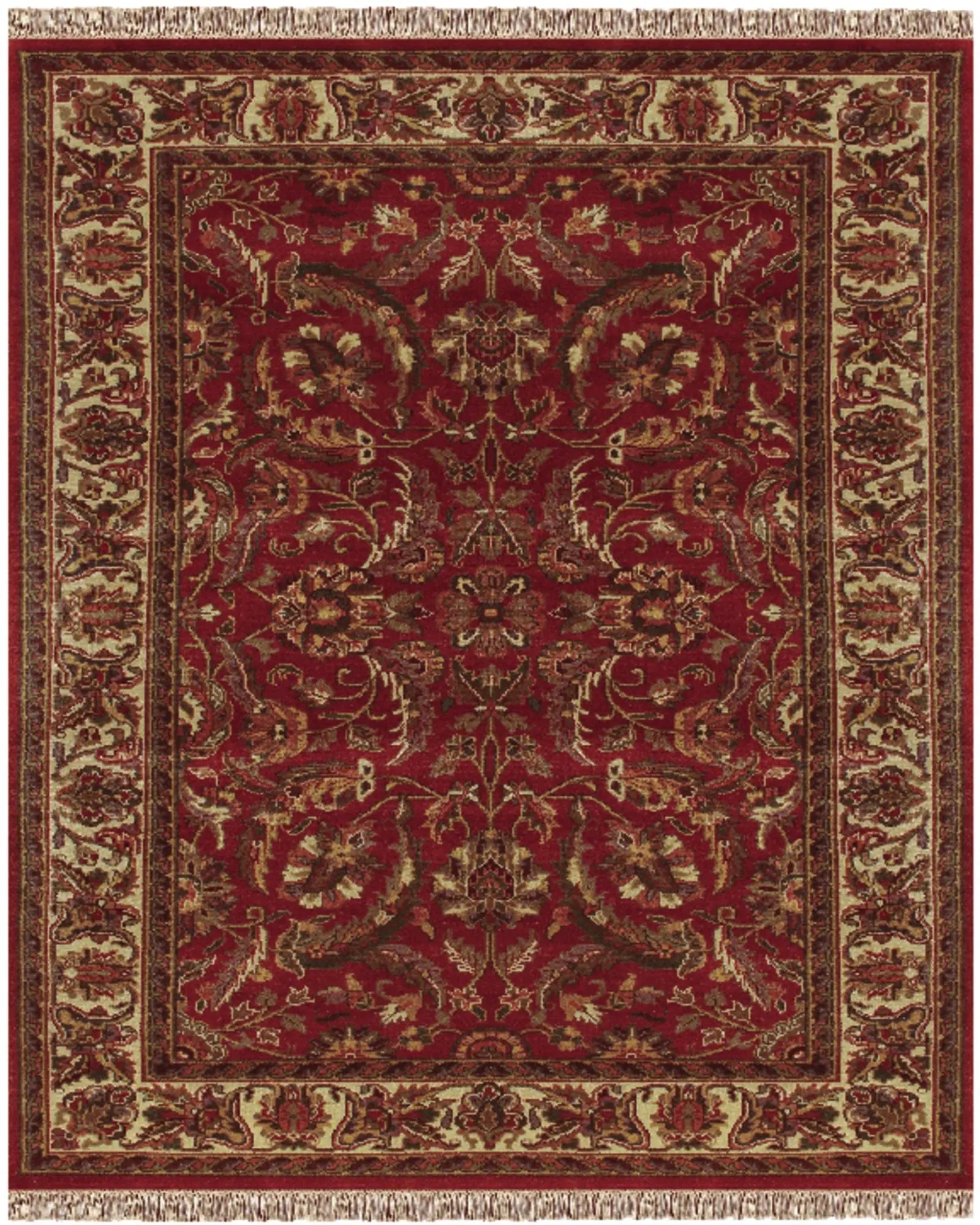 5' X 8' Red Ivory And Gold Wool Oriental Hand Knotted Area Rug With Fringe Homeroots Home Decor