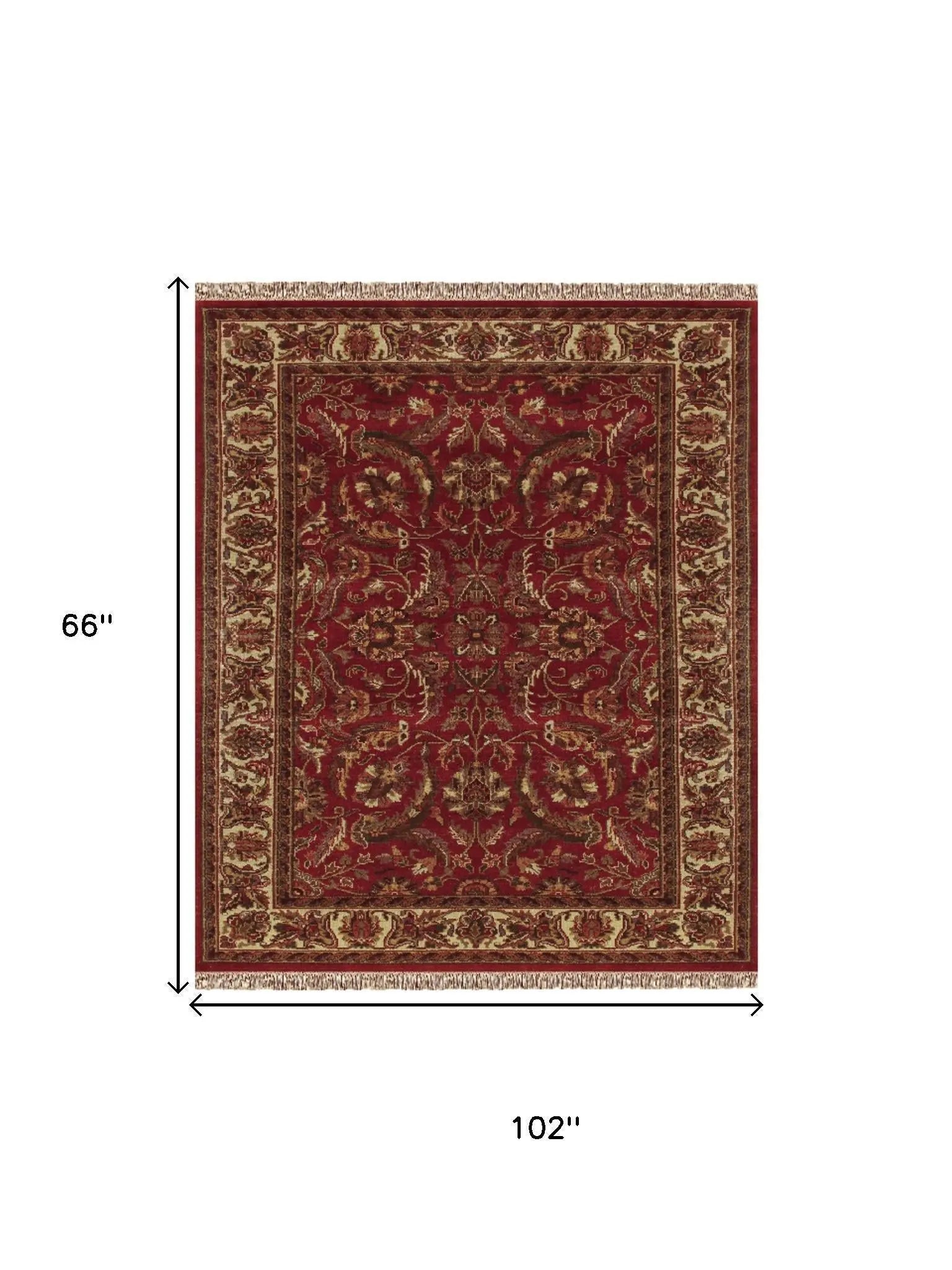 5' X 8' Red Ivory And Gold Wool Oriental Hand Knotted Area Rug With Fringe Homeroots Home Decor